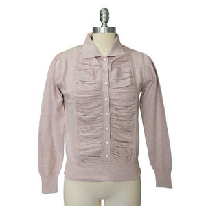 Vintage Y2K Coquette Cardigan Size S Collared Shirred Front Lavender Cotton